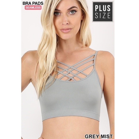 Plus Size Gray Strappy Triple Criss Cross Padded Bralette Seamless Wireless - Picture 5 of 5